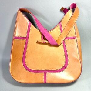 Claudia Firenze Vintage Y2K Tan and Pink Italian Leather Hobo Bag